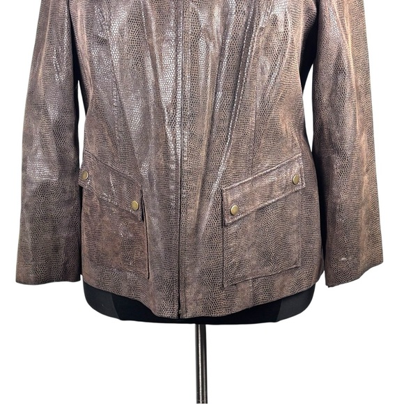 ALFANI BROWN SNAKESKIN LEATHER MOCK NECK ZIP UP JACKET - Picture 8 of 14